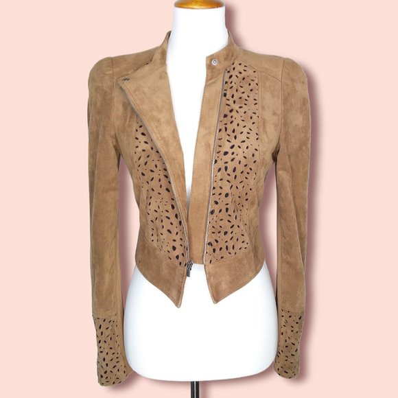 BCBGMaxAzria Skyler Faux Suede Cropped Moto Jacket Size Small Laser Cutouts - Picture 3 of 11